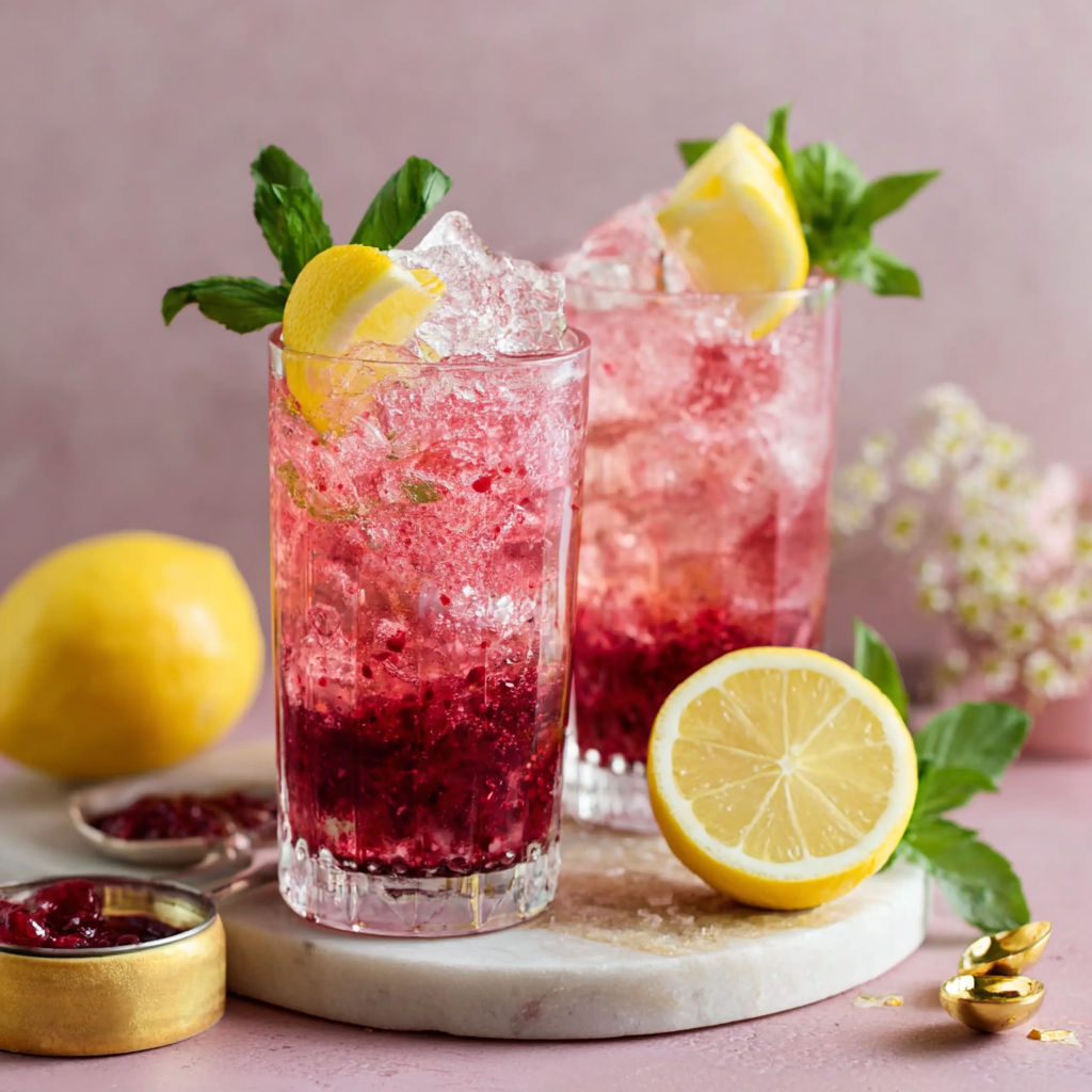 Two glasses of fun jam seltzer drink.