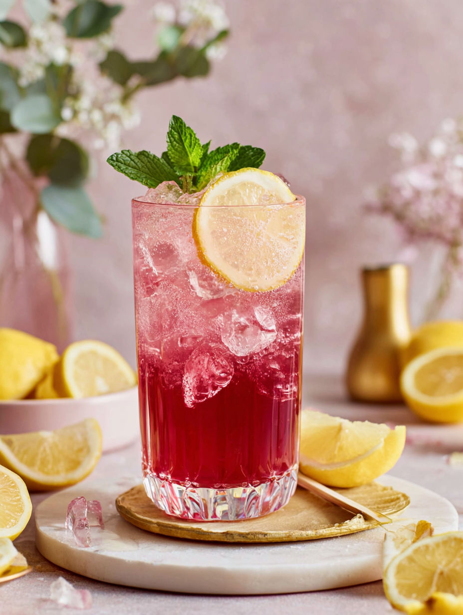 A glass of pink lemonade with a lemon wedge on top.