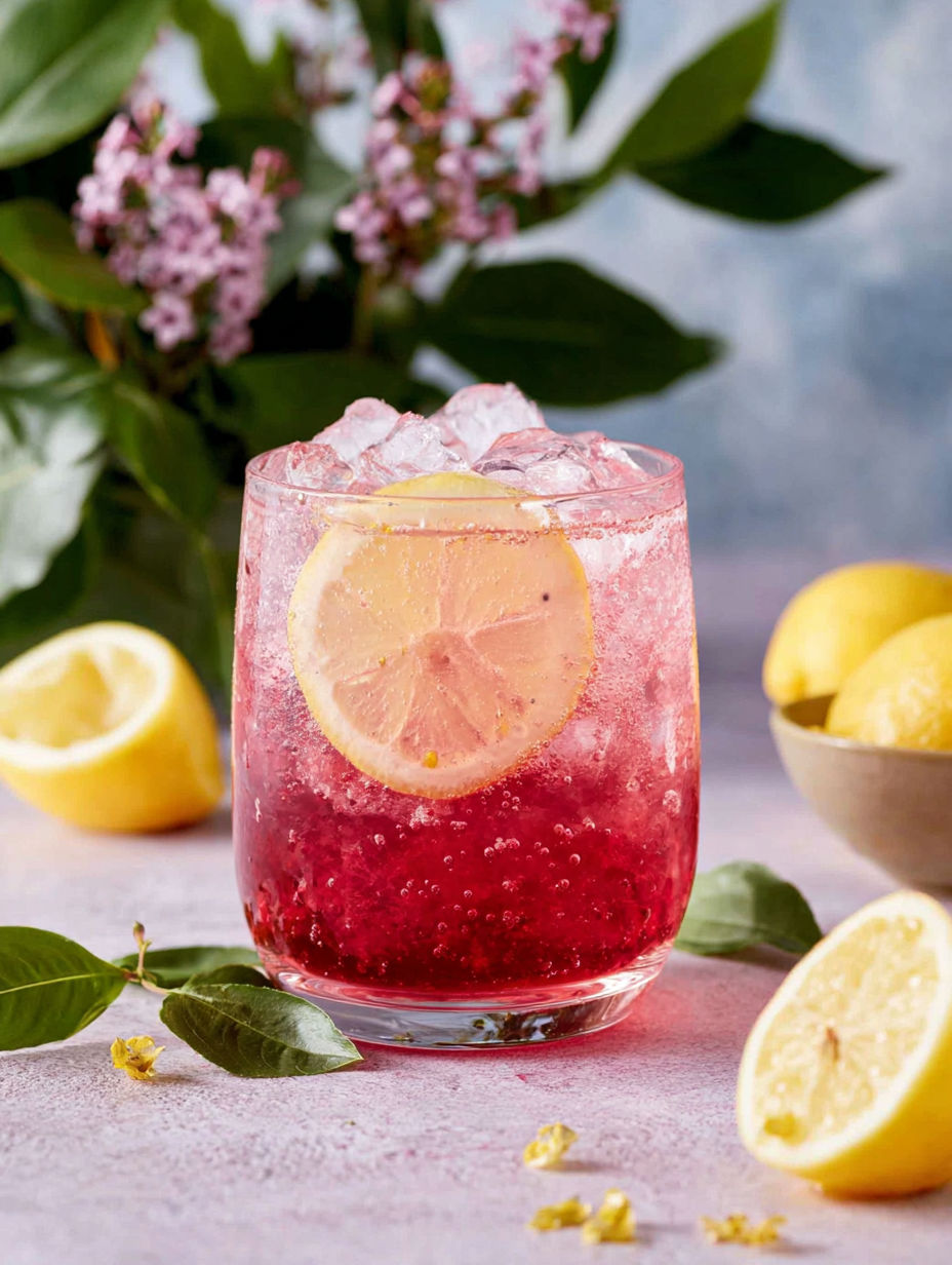 A glass of red wine with lemon slices in it.
