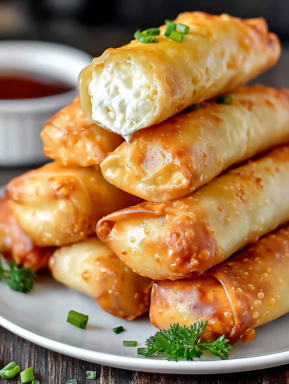 A stack of cream cheese rangoon rolls.