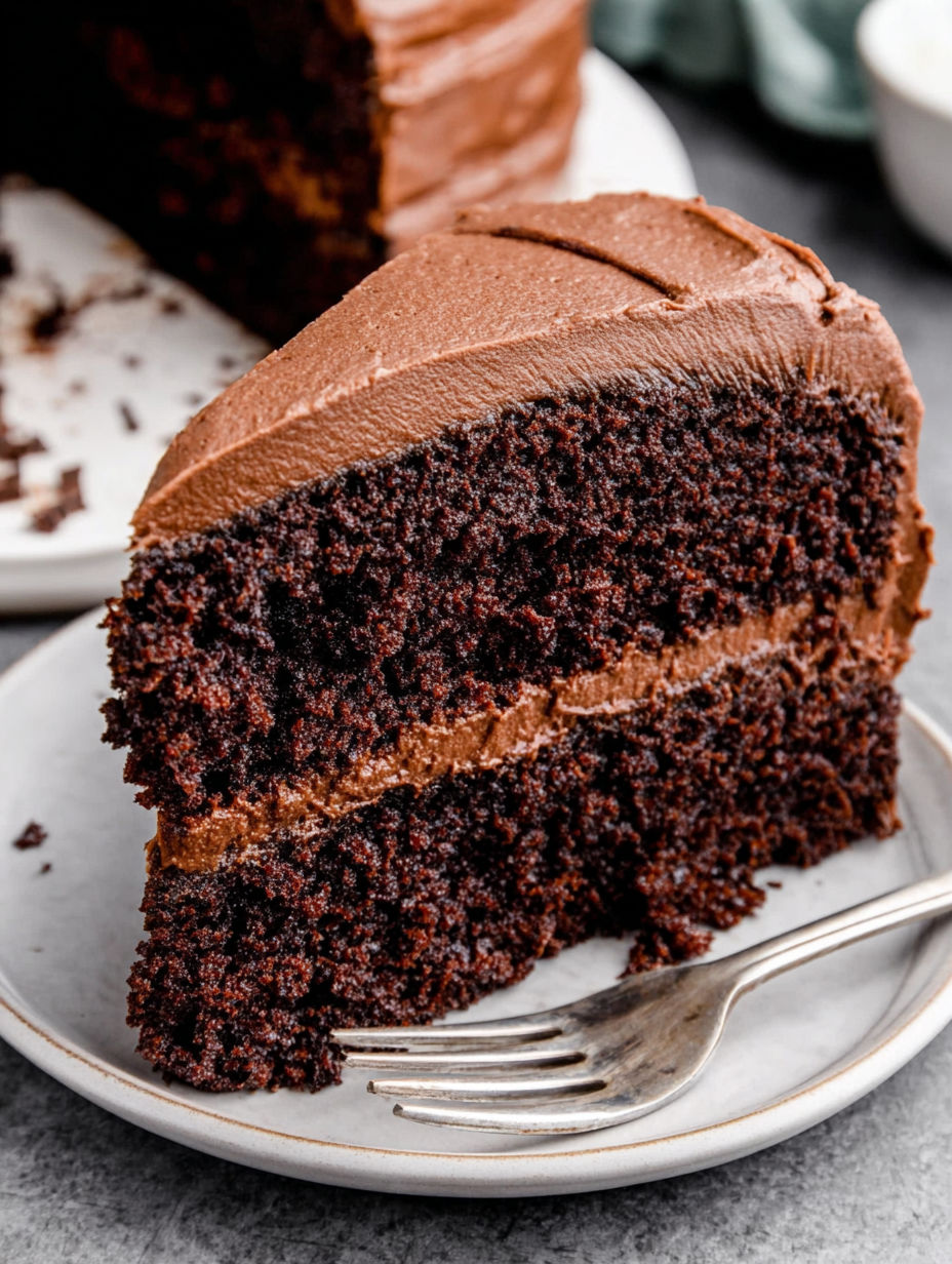 A slice of moist rich chocolate cake.