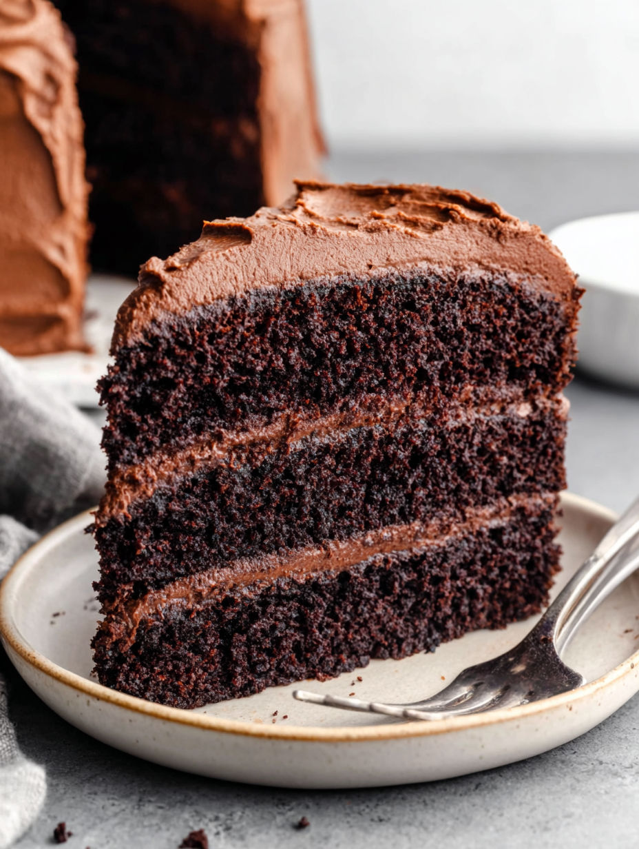 A slice of moist rich chocolate cake.