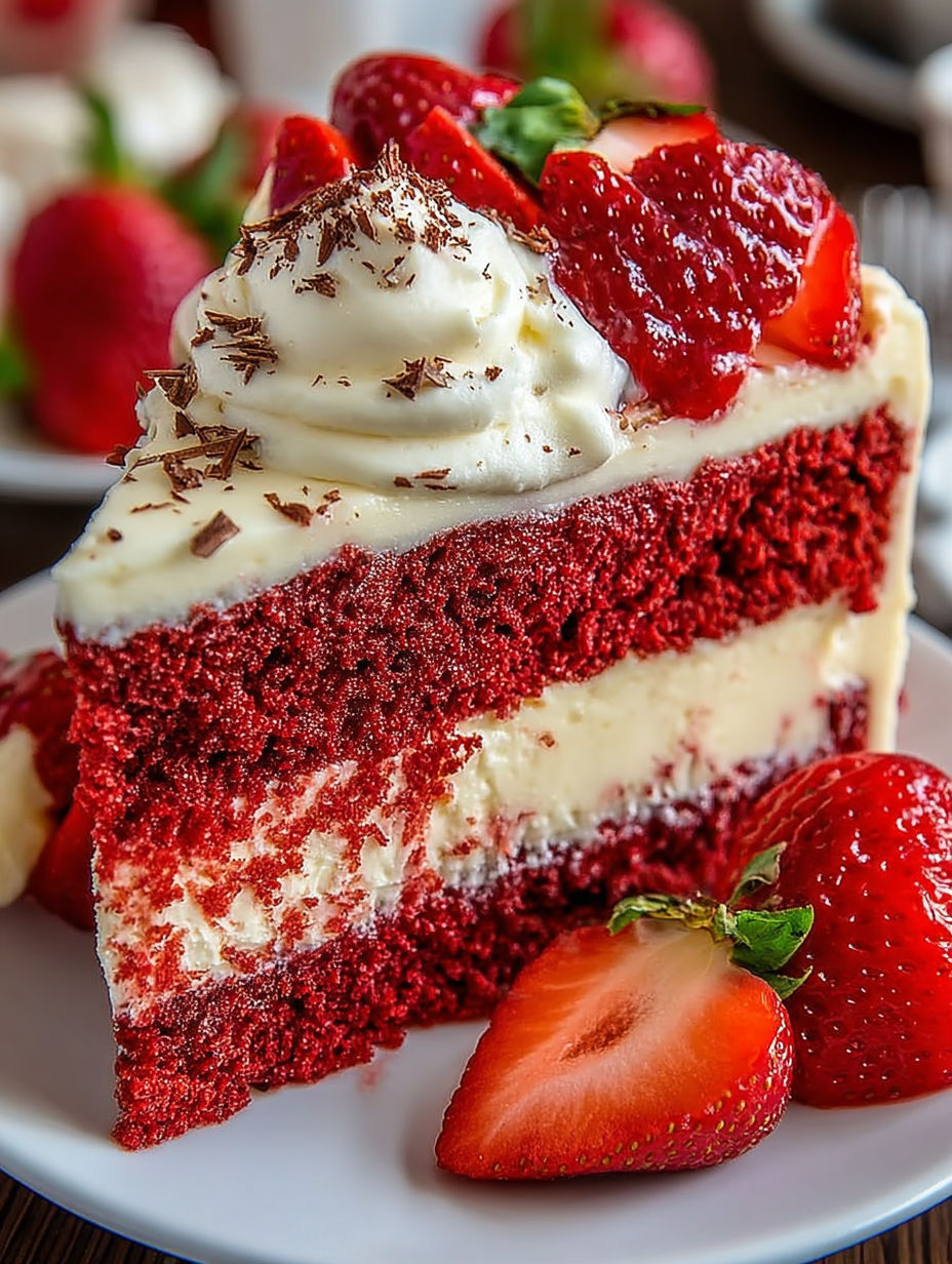A slice of red velvet strawberry cheesecake.