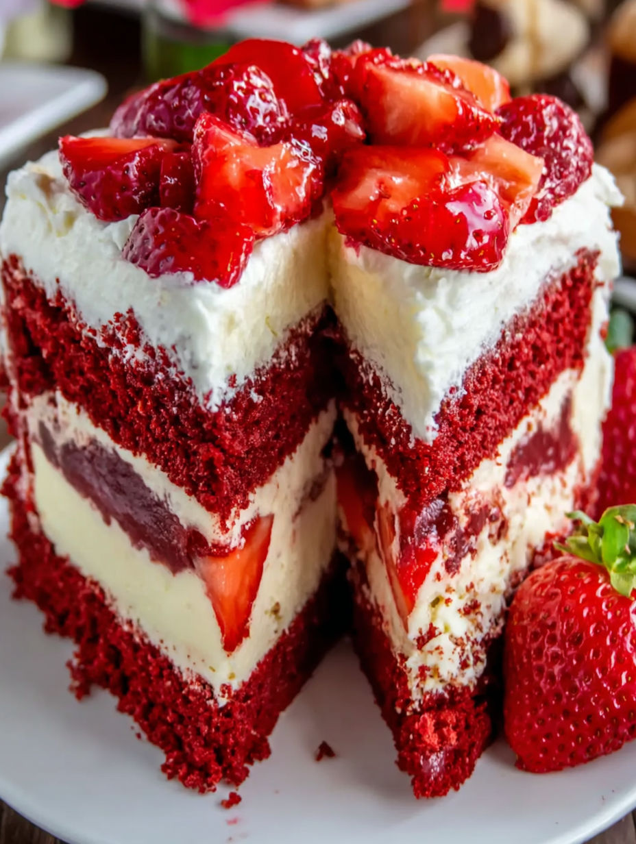 A slice of red velvet strawberry cheesecake.