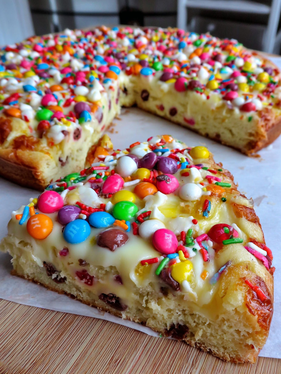 A slice of white chocolate brownie pizza.