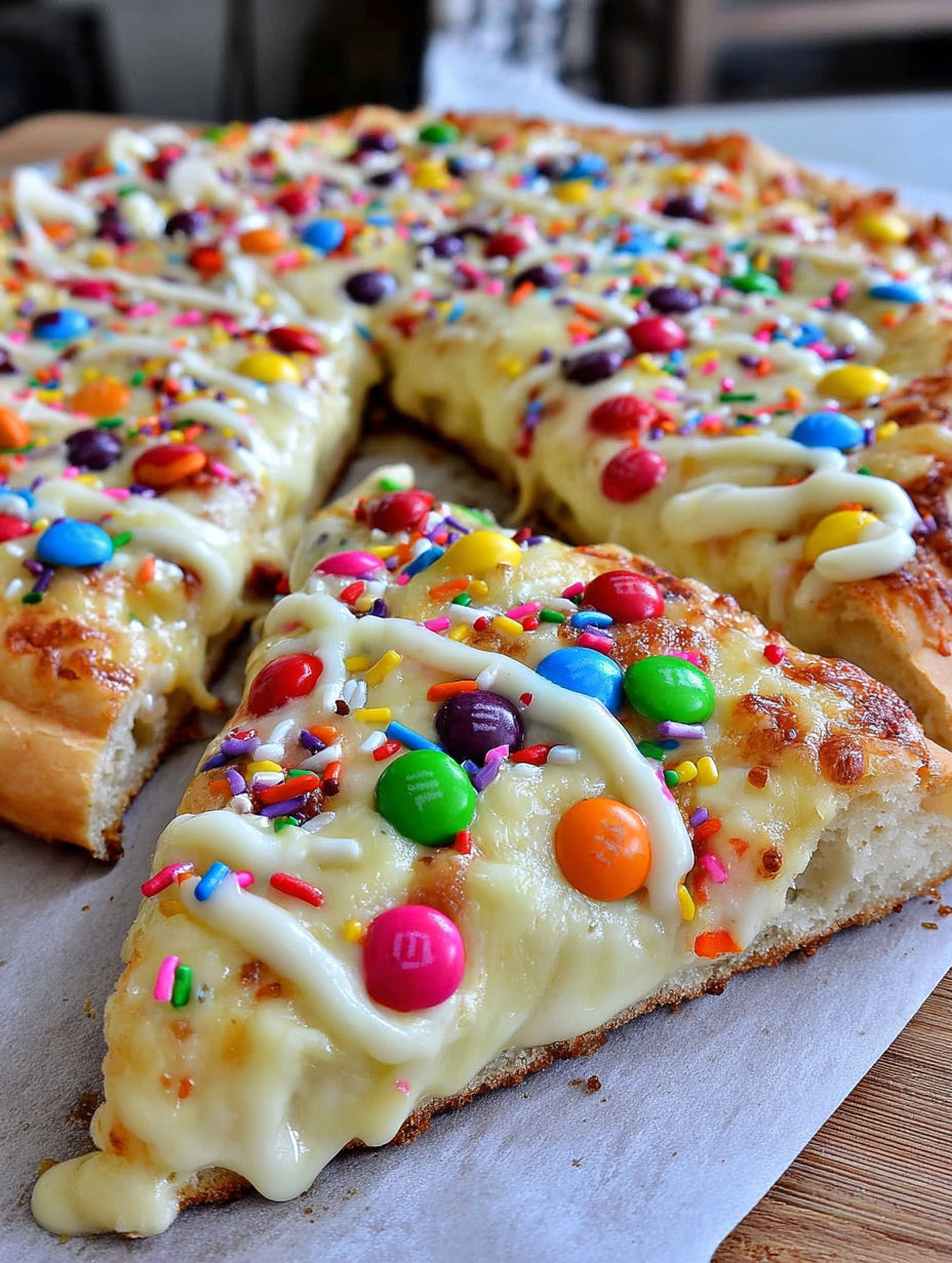 A slice of pizza with white chocolate and M&M's.
