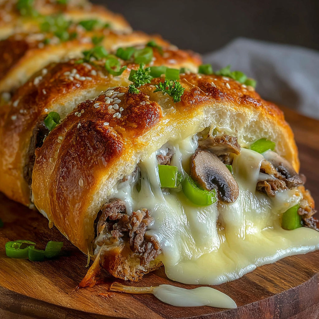 A Philly Cheesesteak Stromboli on a wooden cutting board.