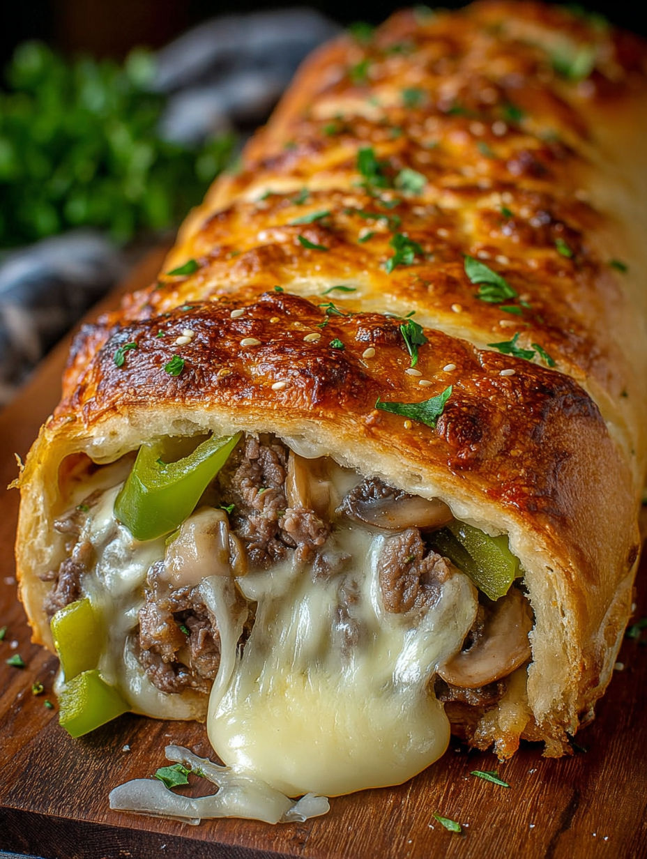 A pastry with meat and cheese inside.
