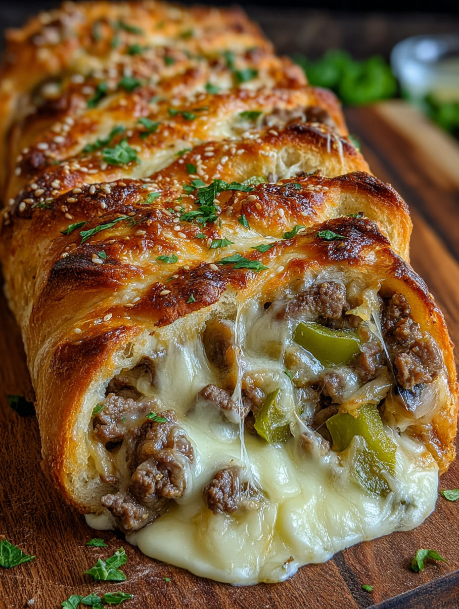 A close up of a meat and cheese filled bread.