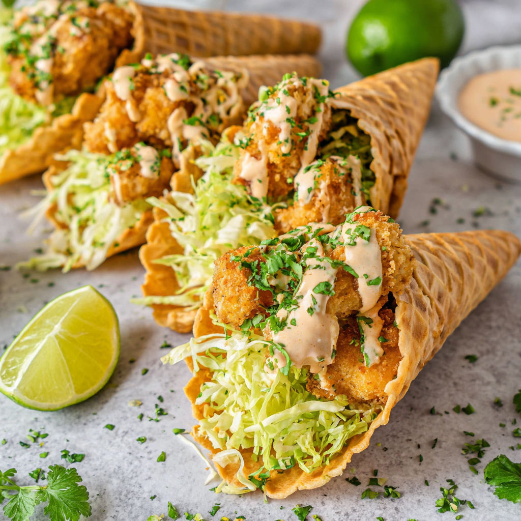 Spicy chicken waffle cones with creamy sriracha sauce.
