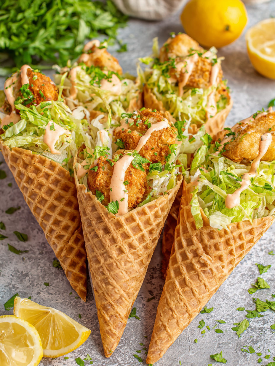 Three waffle cones filled with chicken and creamy sauce.
