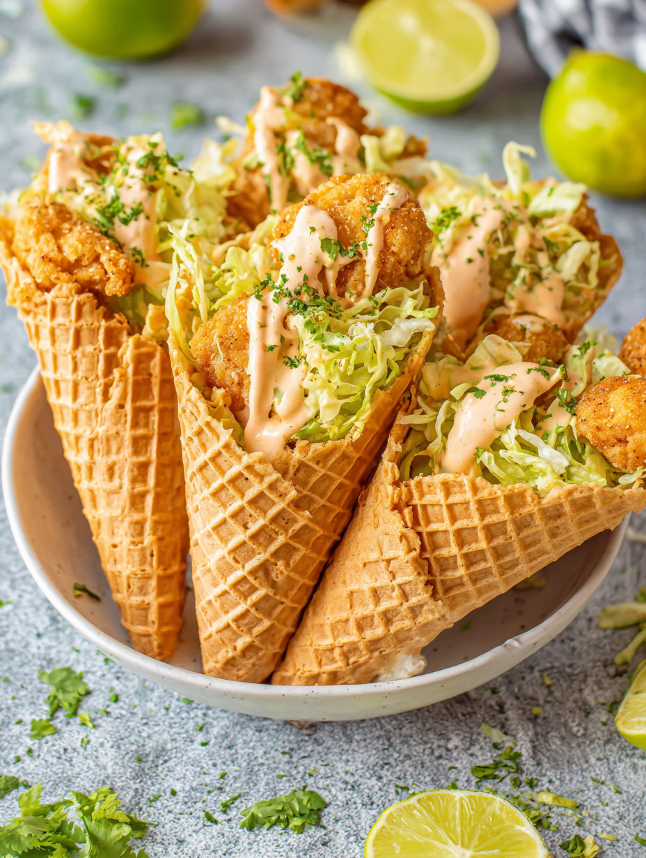 A plate of chicken waffle cones with creamy sriracha sauce.