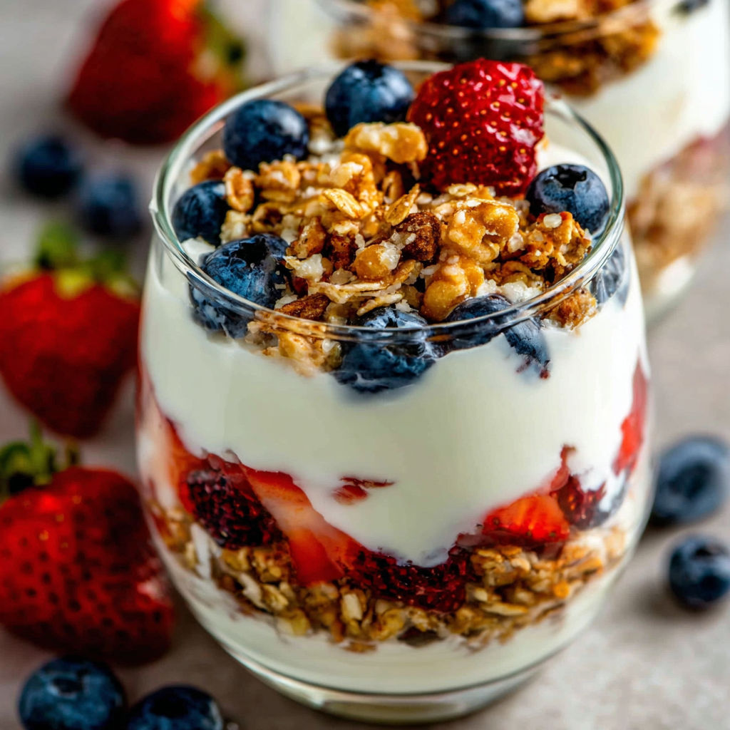 A glass of yogurt with granola and strawberries.