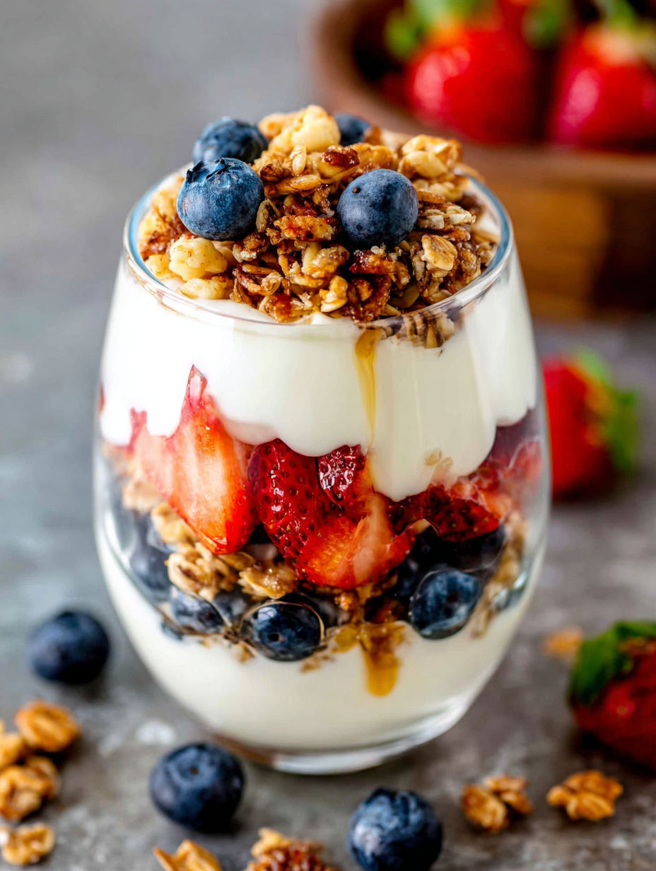 A glass of yogurt with strawberries and blueberries.