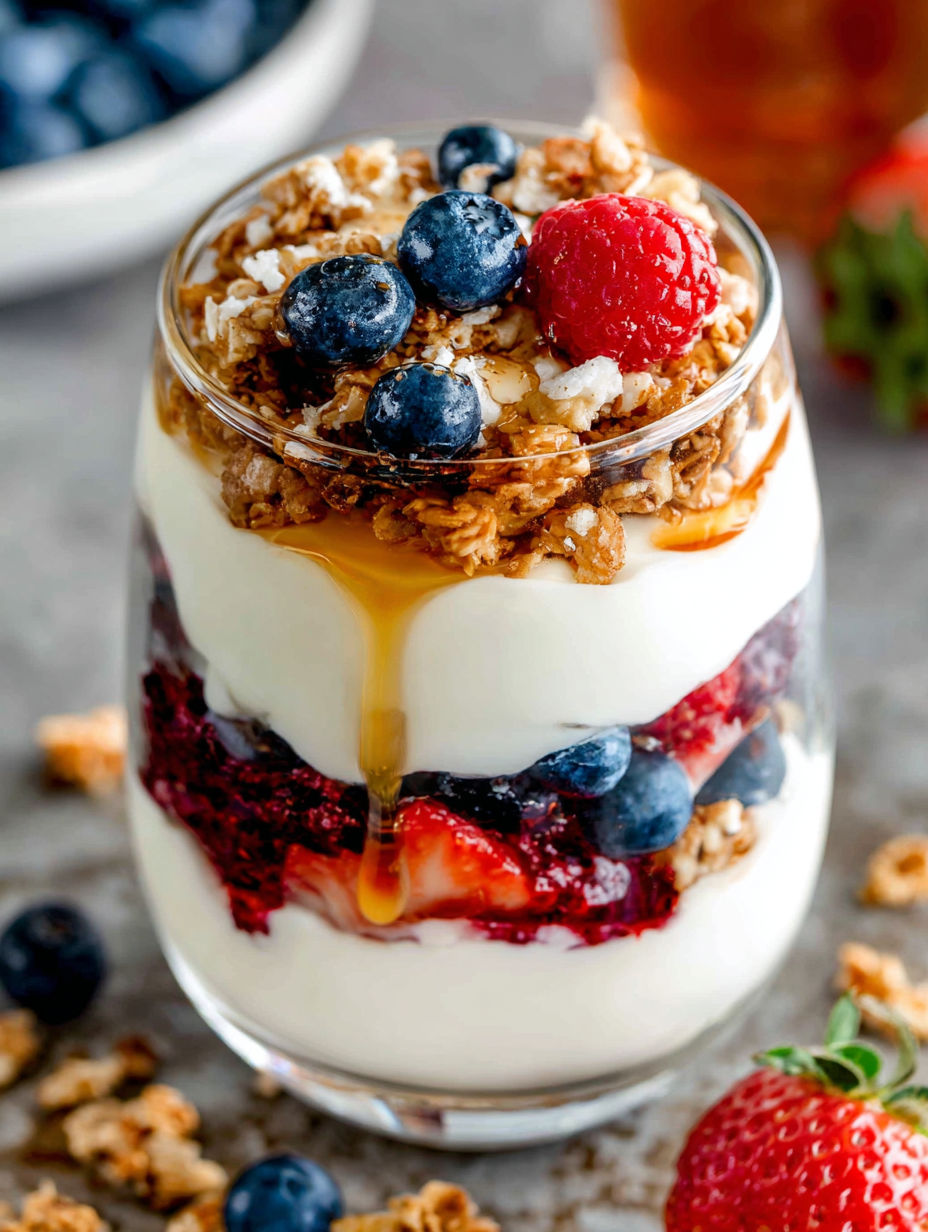 A glass of yogurt with berries and granola.