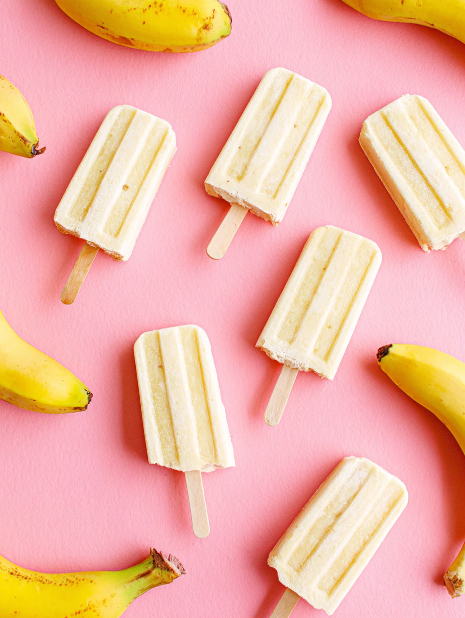 Bananas and ice cream on a pink background.