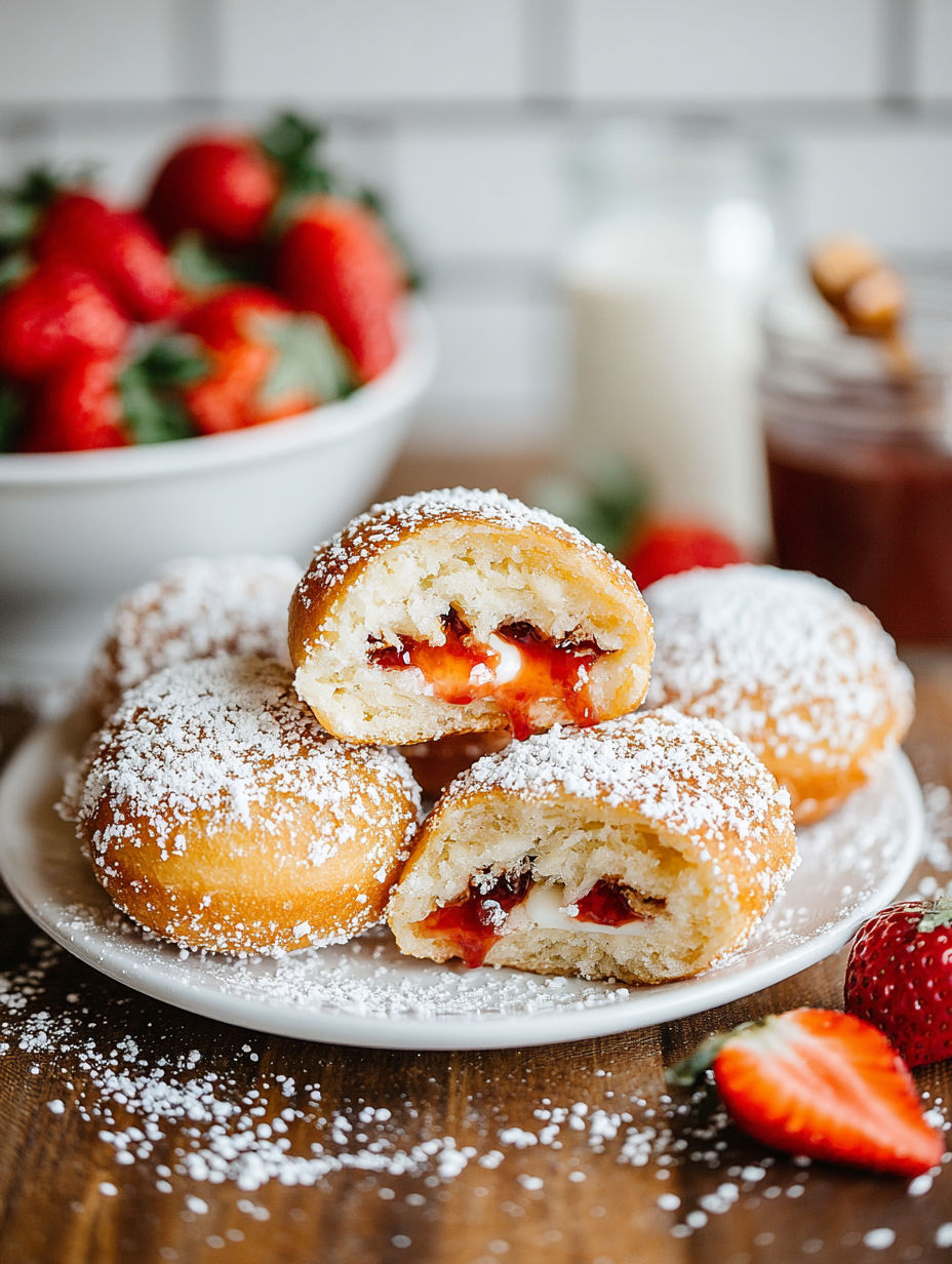 A plate of powdered donuts with strawberries on top.