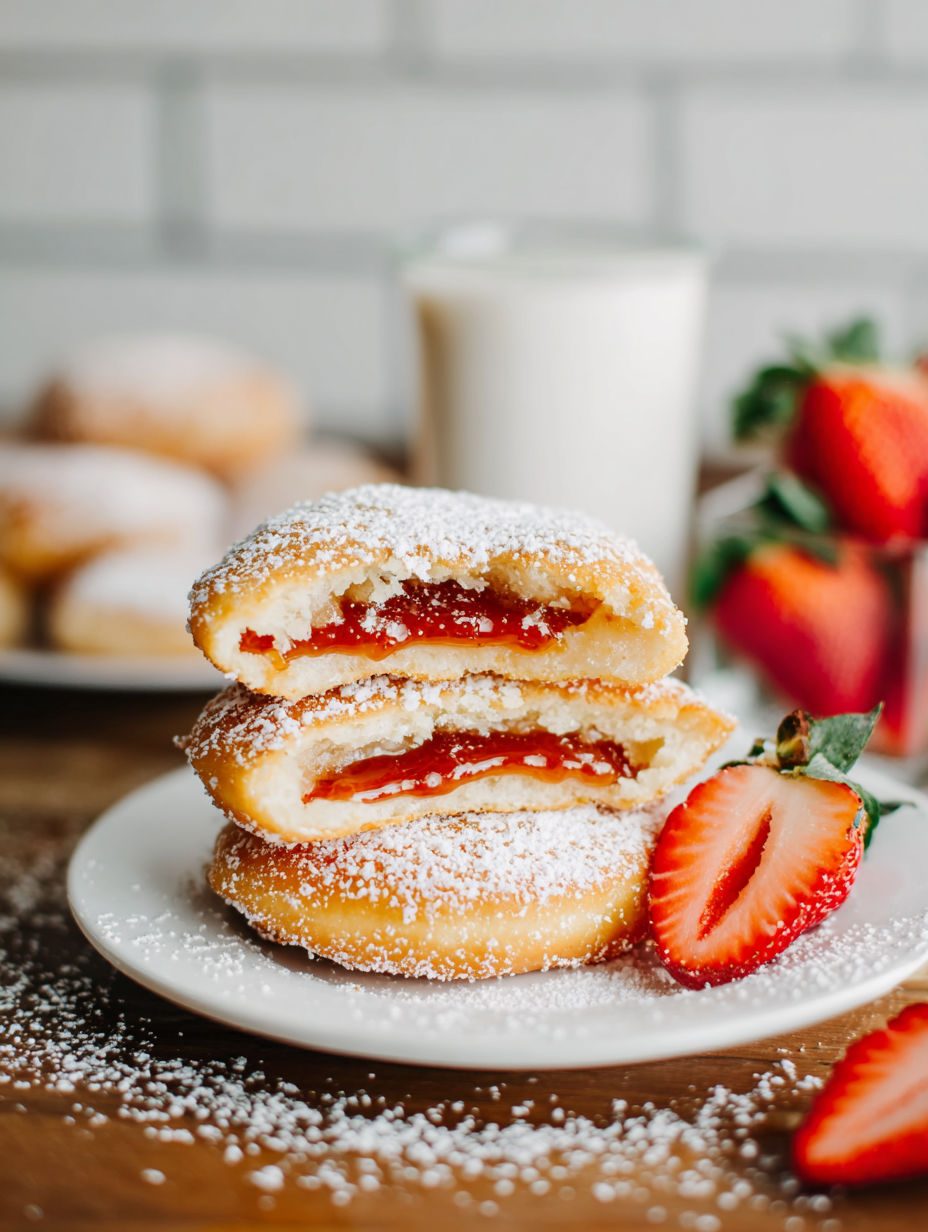 A plate of powdered sugar covered strawberry shortcake.