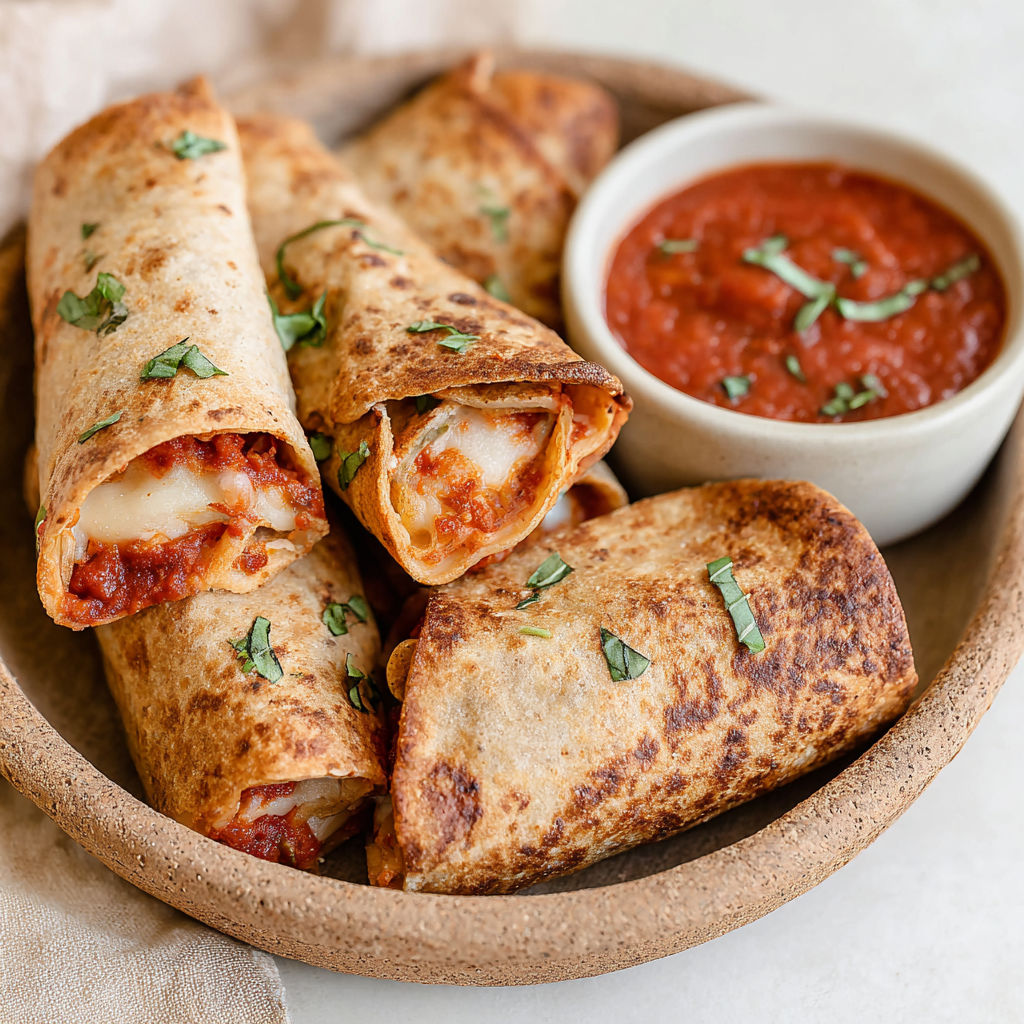 A plate of tortilla pizza rolls with sauce.