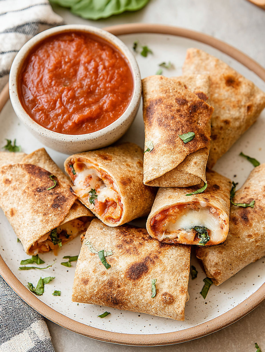 A plate of air fryer tortilla pizza rolls.