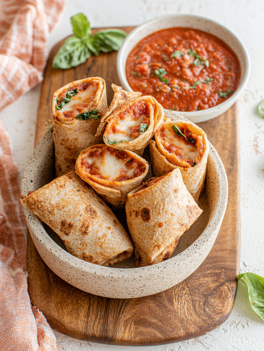 A bowl of tortilla pizza rolls with sauce.