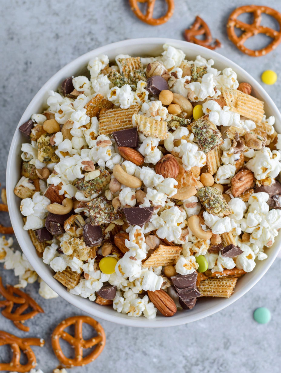 A bowl of popcorn with chocolate chips and nuts.