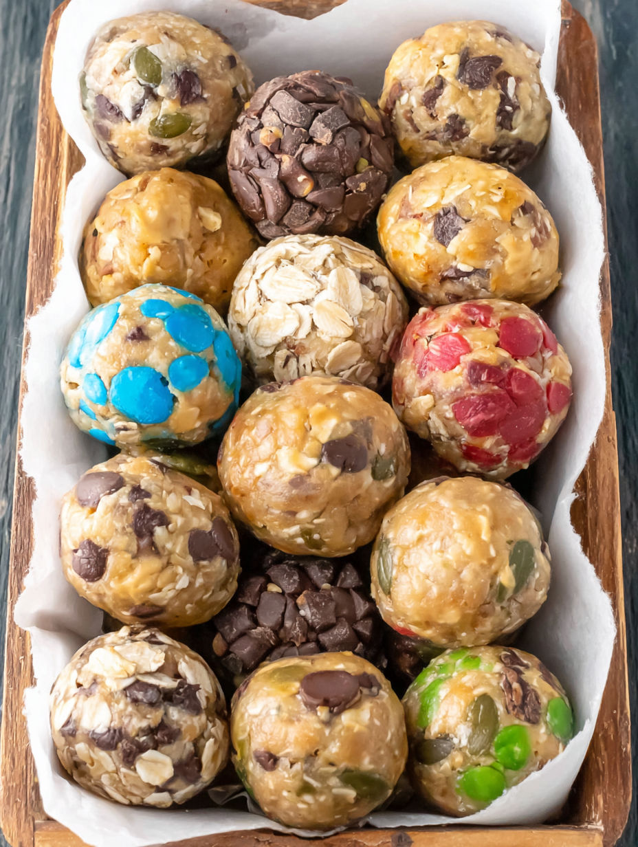 A box of different colored candy balls.