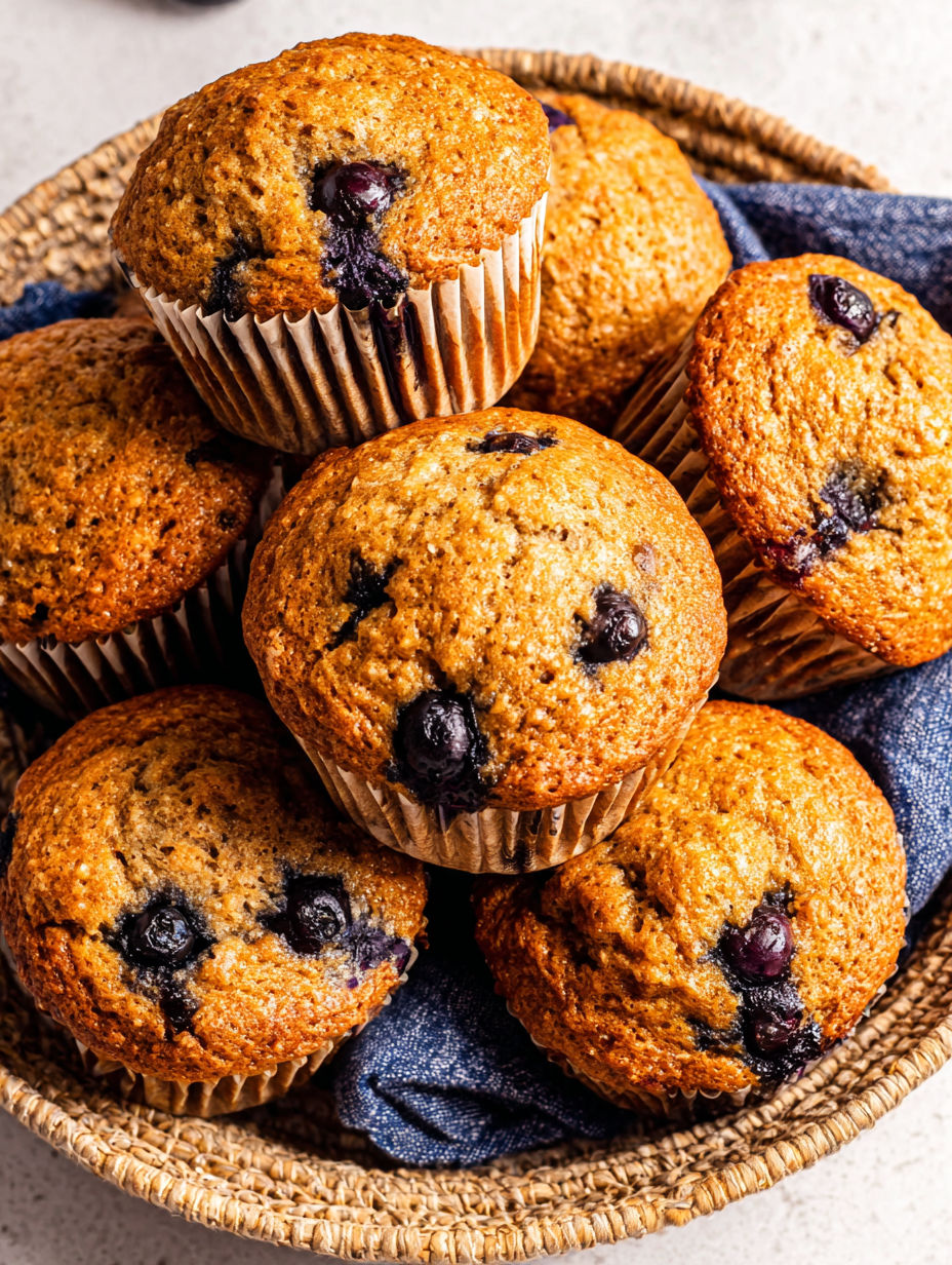 A basket of muffins with blueberries.