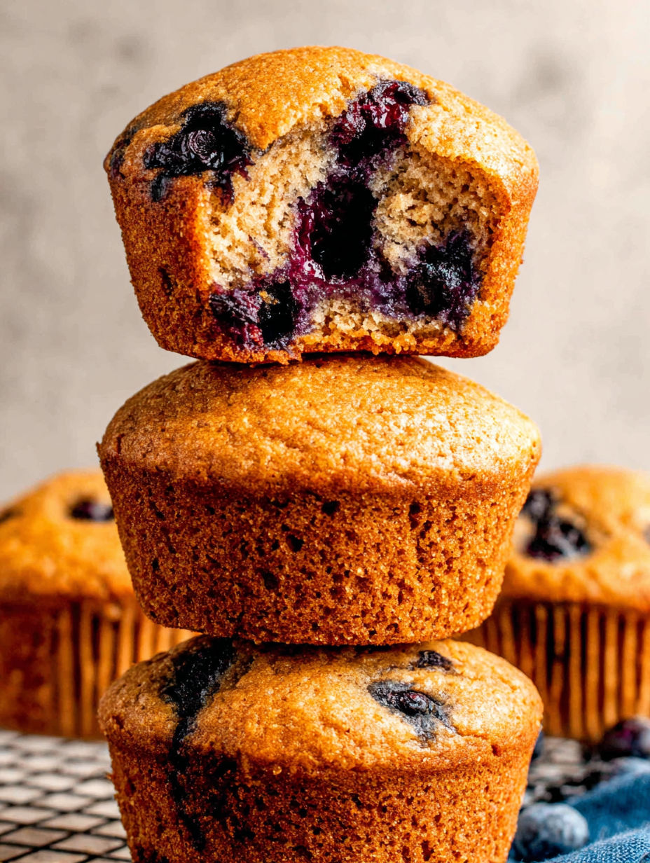 Three stacked muffins with blueberries on top.
