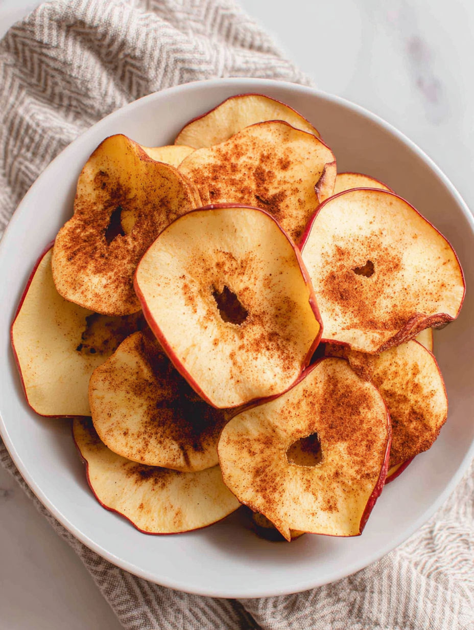A bowl of apple chips with cinnamon on top.