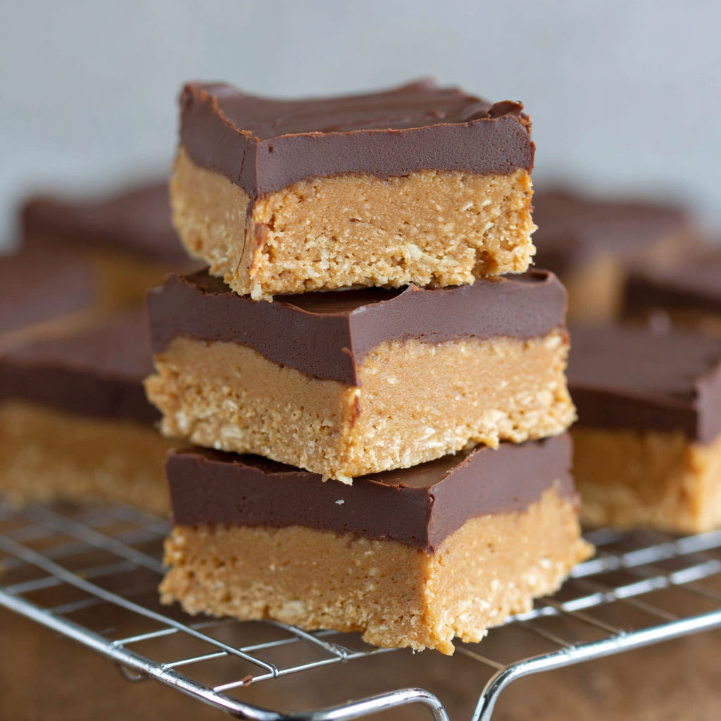 A stack of chocolate peanut butter bars with oats.