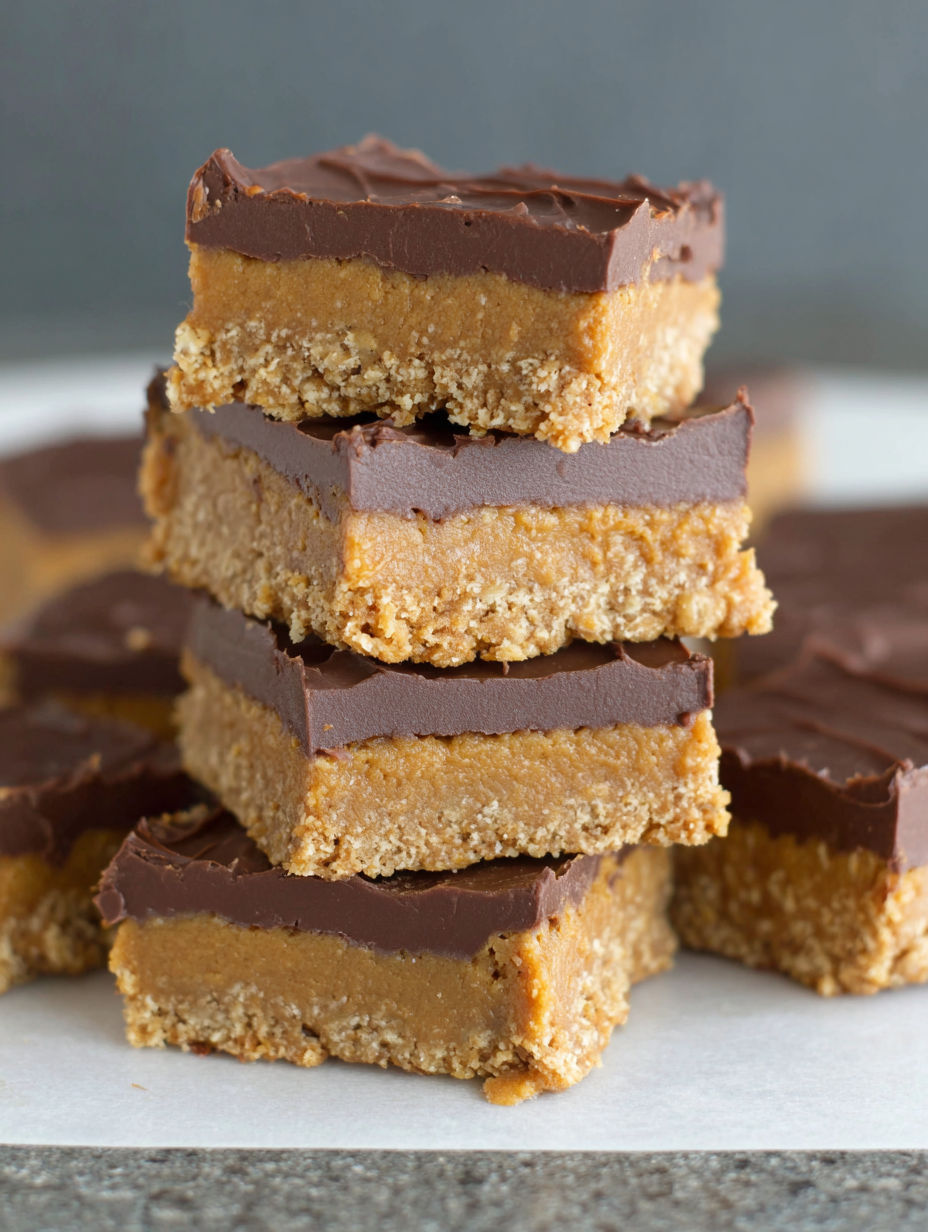 A stack of chocolate peanut butter bars with oats.