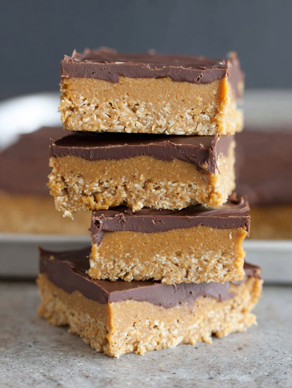 A stack of three chocolate peanut butter bars with oats.