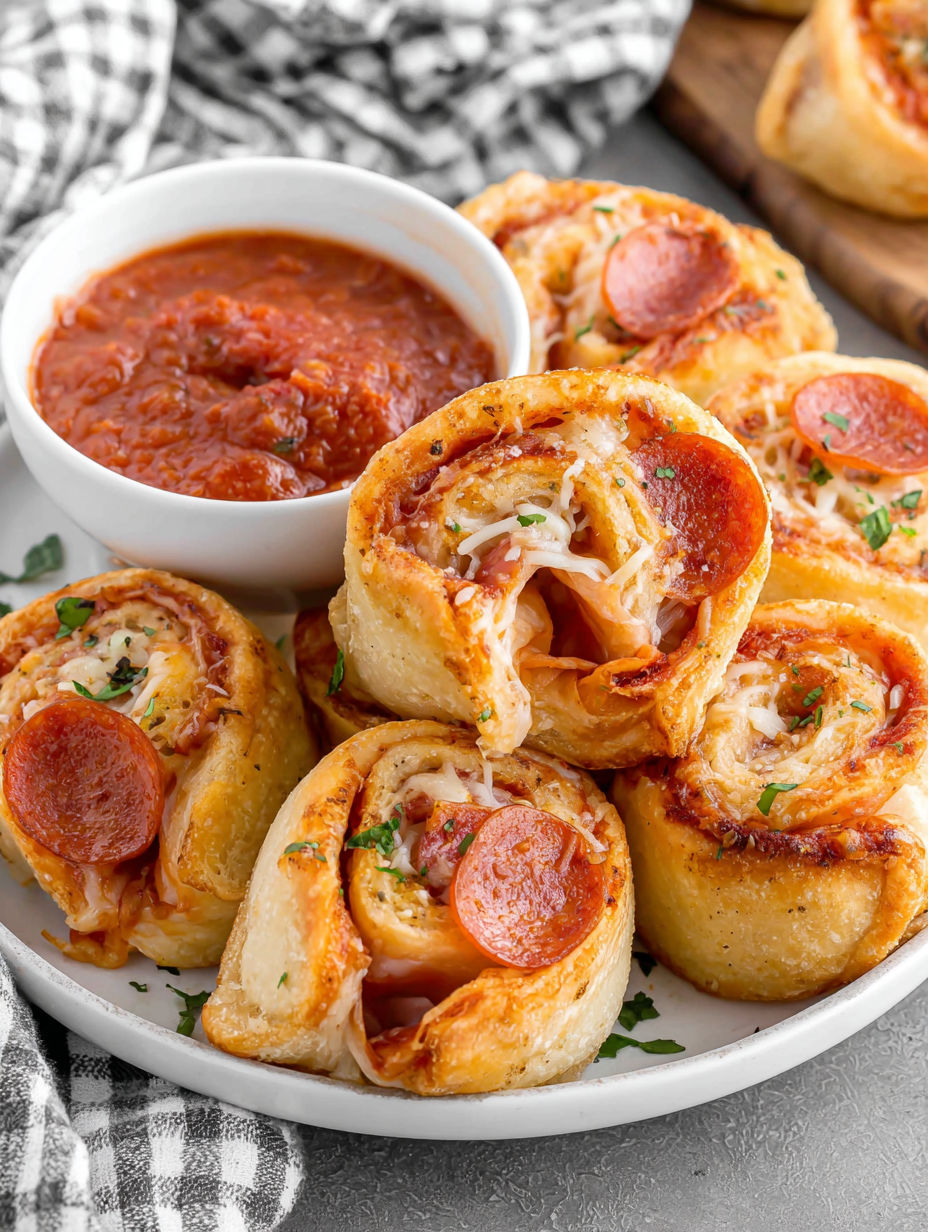 A plate of pizza rolls with a bowl of sauce.
