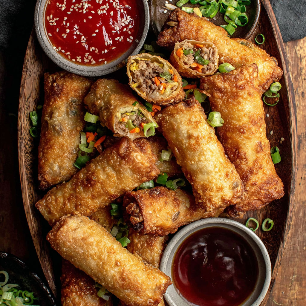 A plate of homemade egg rolls with sauce.