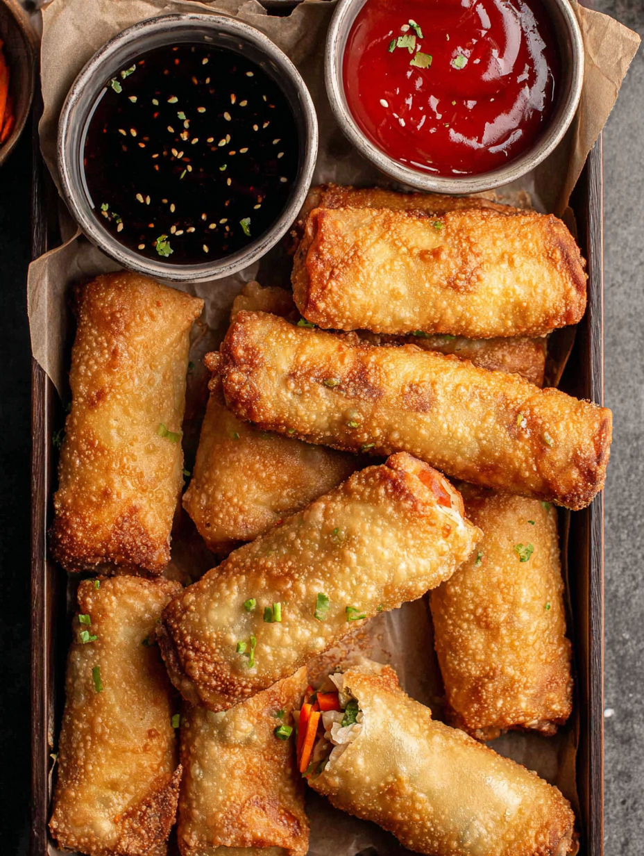 A box of food with a sauce and a bowl of sauce.