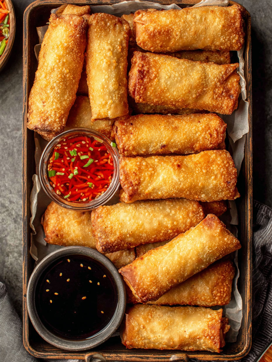 A tray of food with a bowl of sauce.
