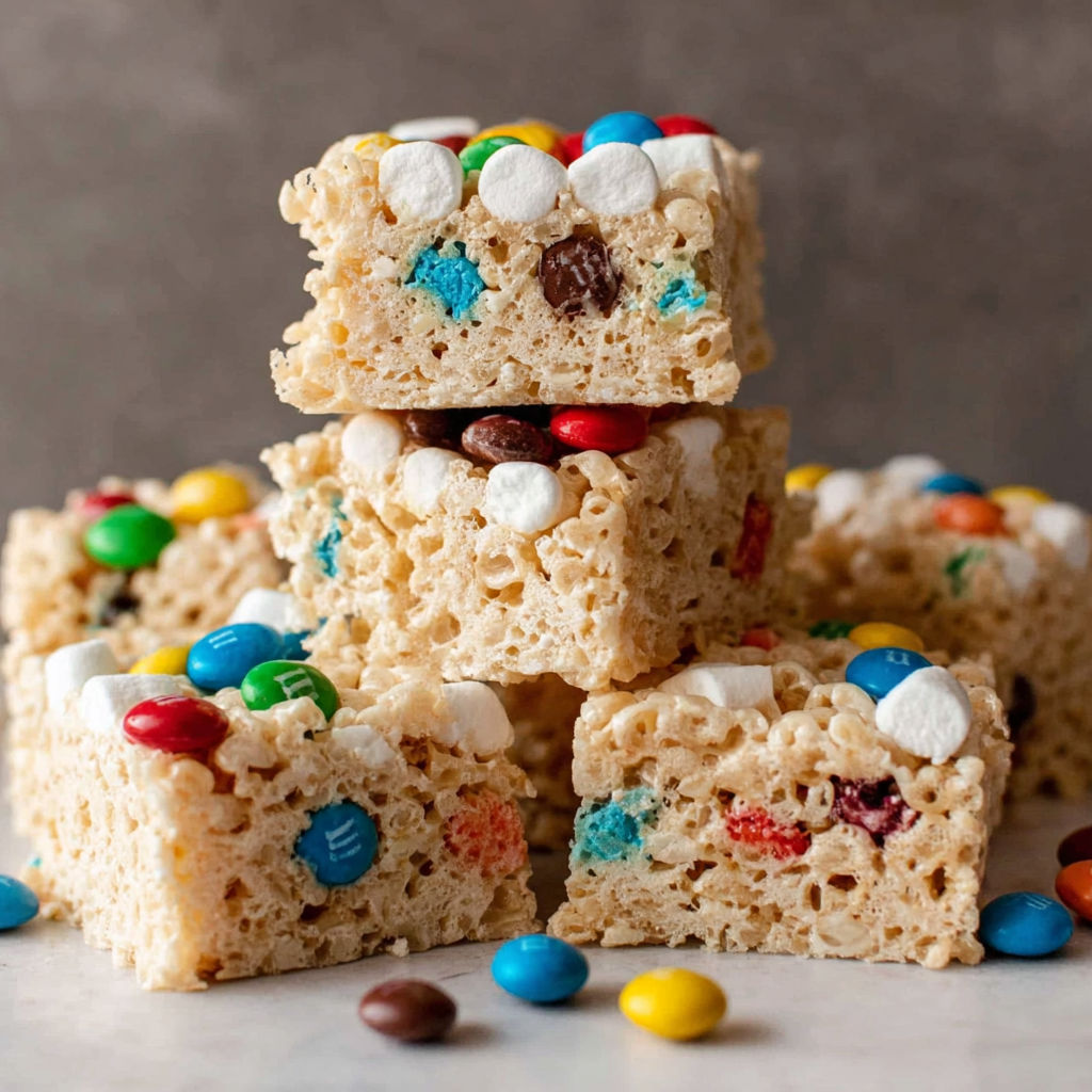 M&M Rice Krispie Treats stacked on a table.