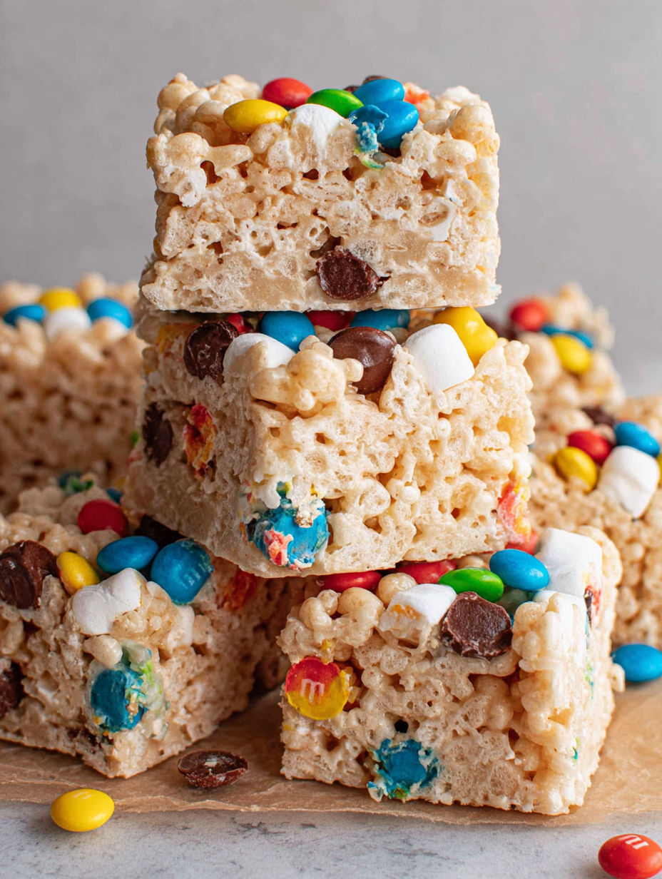 A stack of M&M Rice Krispie Treats.