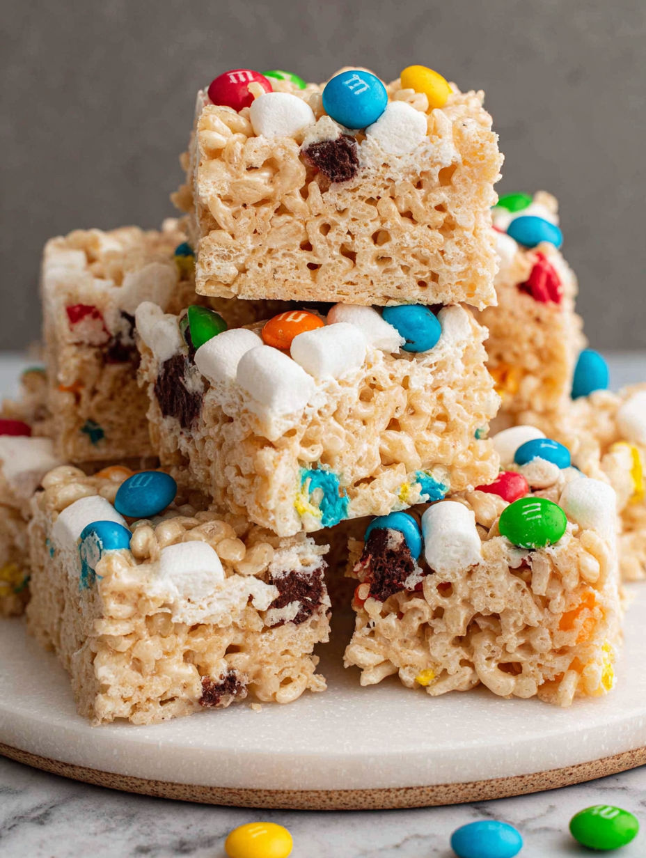 A stack of M&M Rice Krispie Treats.