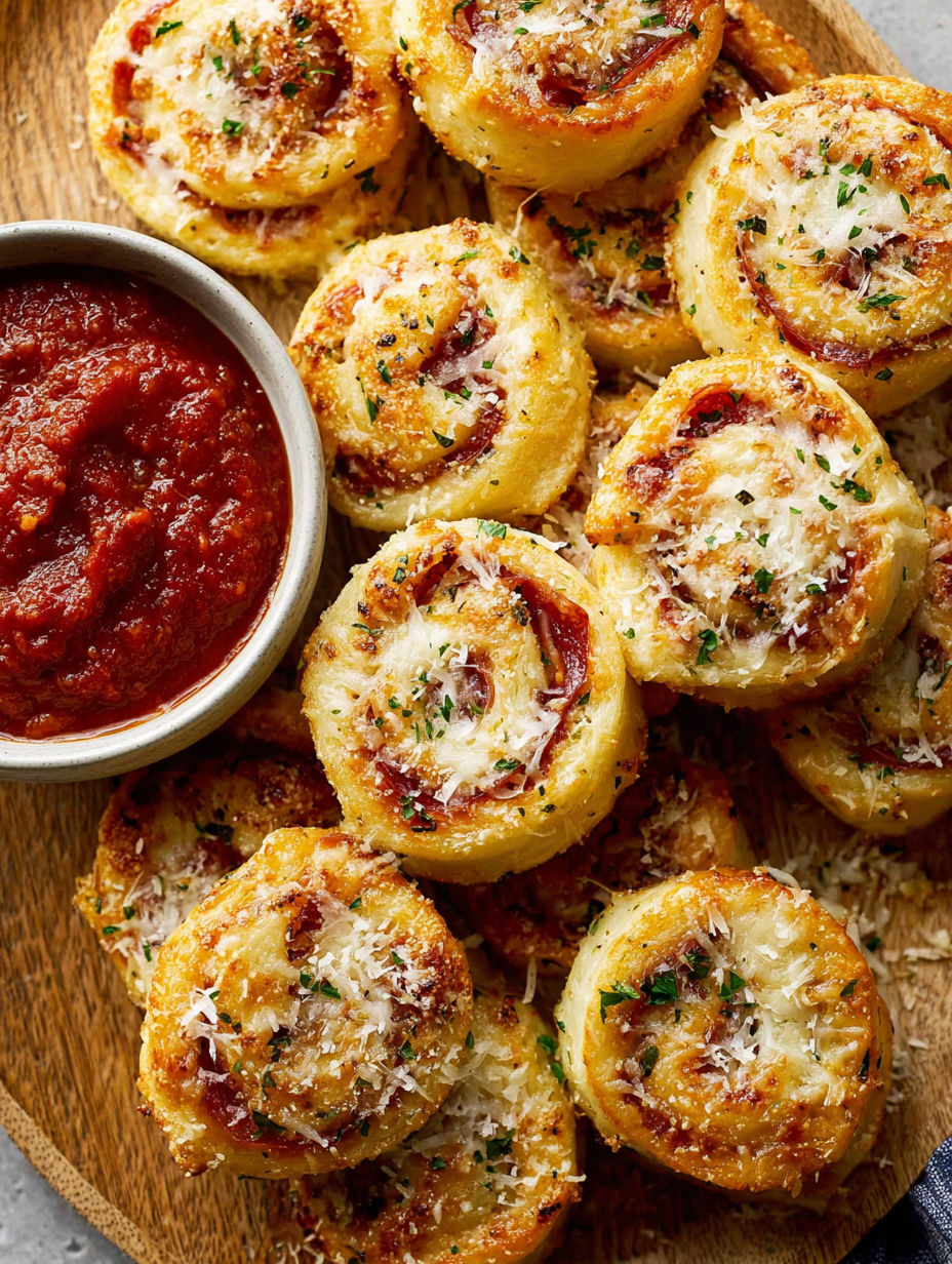 A bowl of sauce next to a plate of pizza wheels.