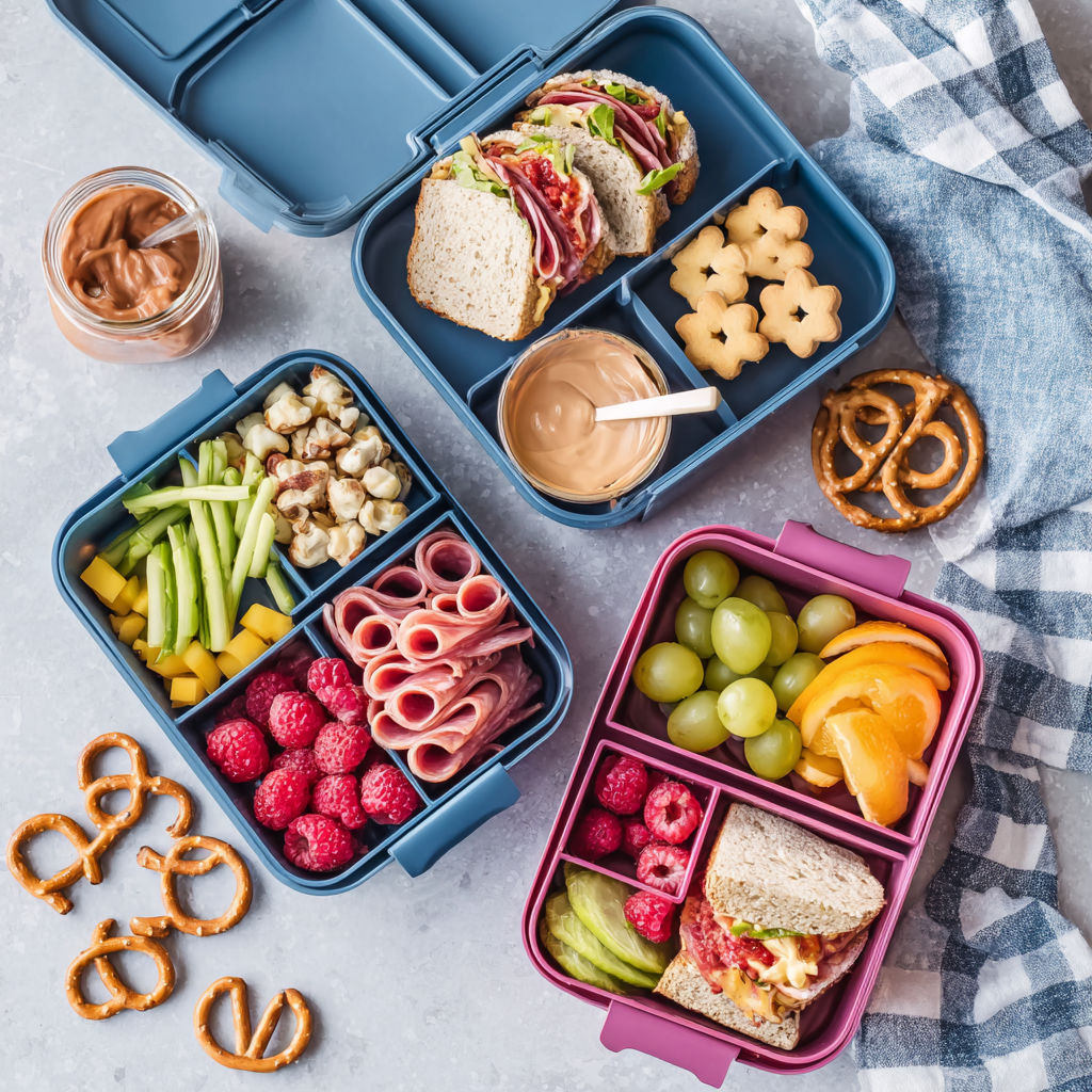 A variety of foods in a blue container.