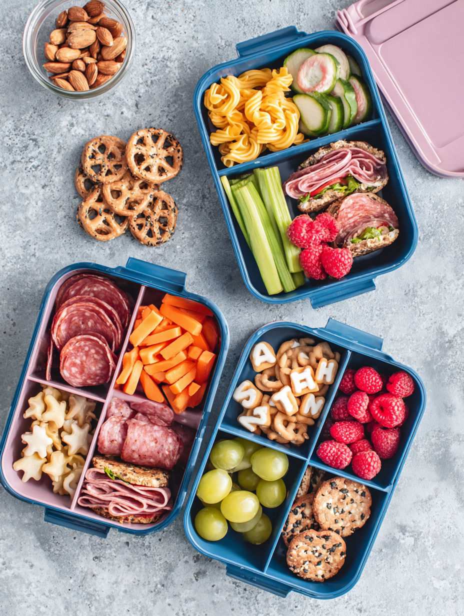 A blue lunch box with a variety of foods.