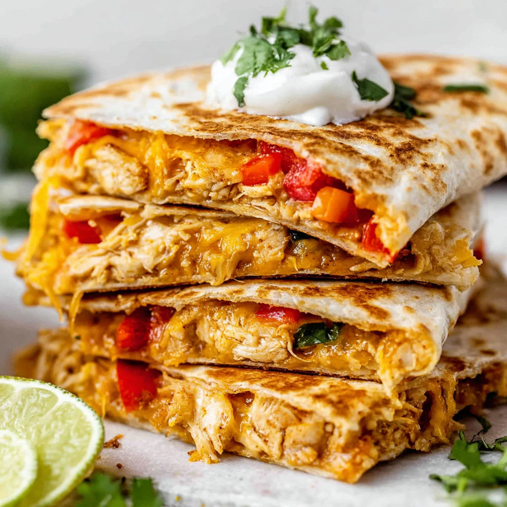 A stack of chicken quesadillas with white cheese and salsa.
