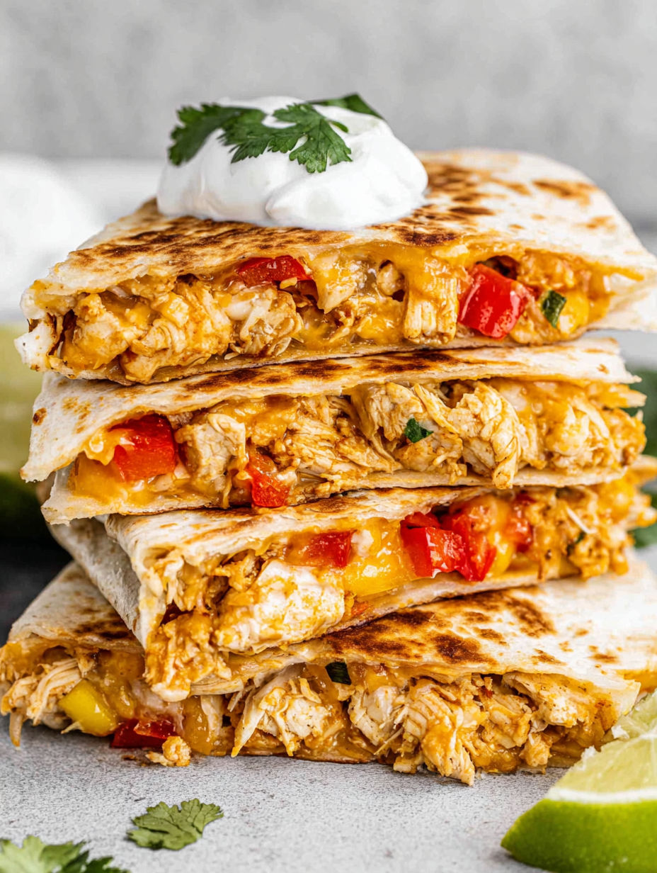 A stack of chicken quesadillas with white cheese and sour cream.