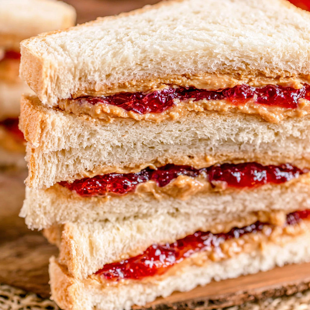 A stack of peanut butter and jelly sandwiches.