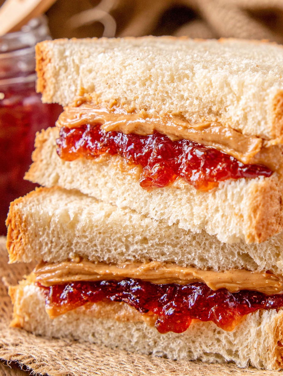 Two slices of bread with peanut butter and jelly.