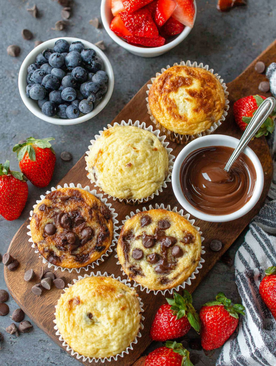 A wooden board with six different flavored cupcakes.