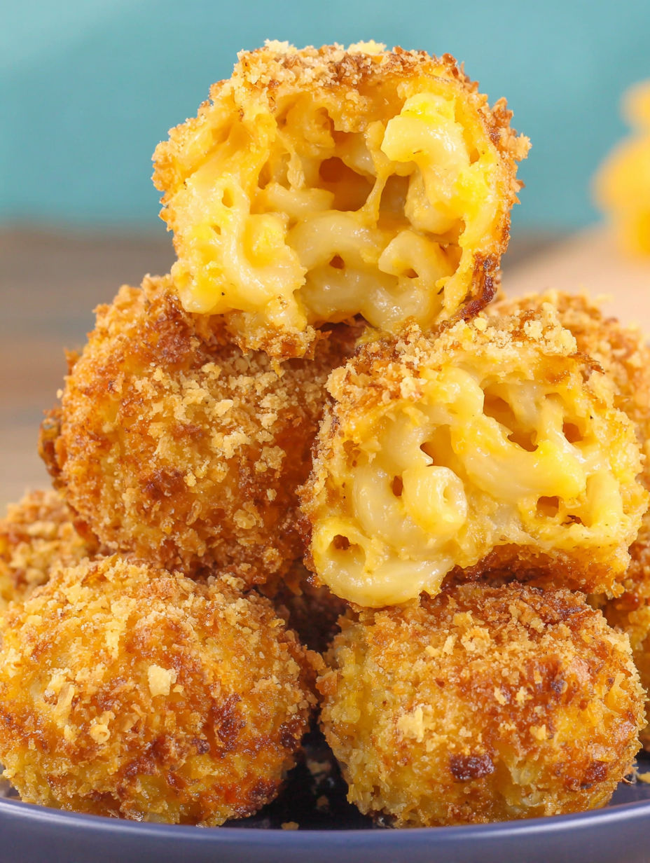 A close up of a macaroni and cheese ball.