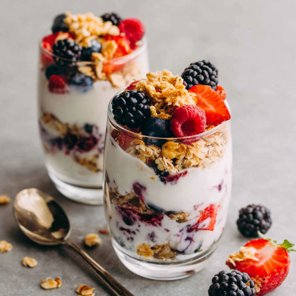 Two glasses of yogurt parfait with berries and granola.